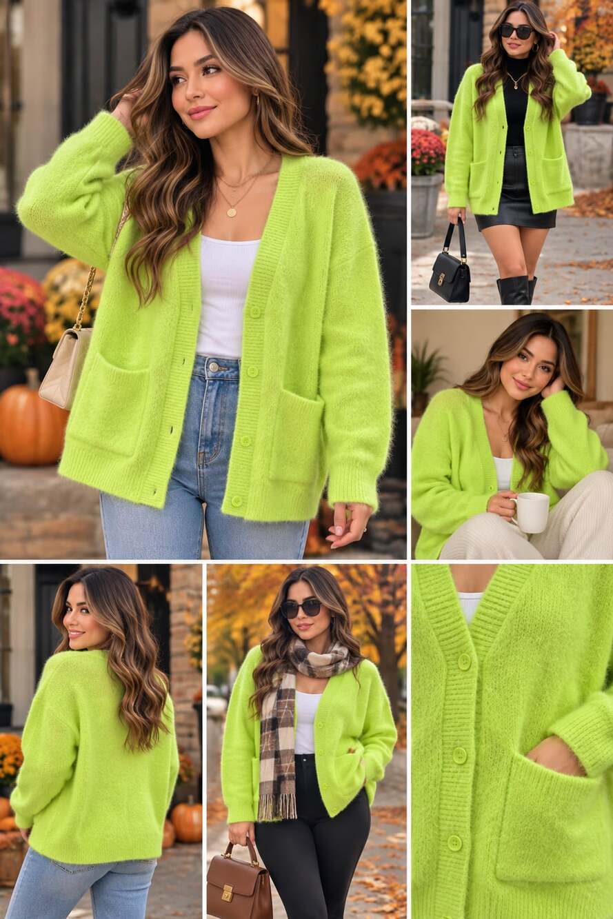 Original Use Cardigan Size M Neon Green Fuzzy Knit V-Neck Button Front medium